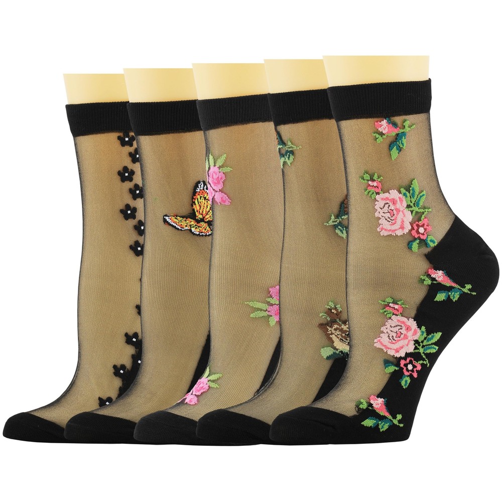 5 Pairs Womens Ankle Sheer Socks Floral Cute Nylon Mesh Transparent Socks