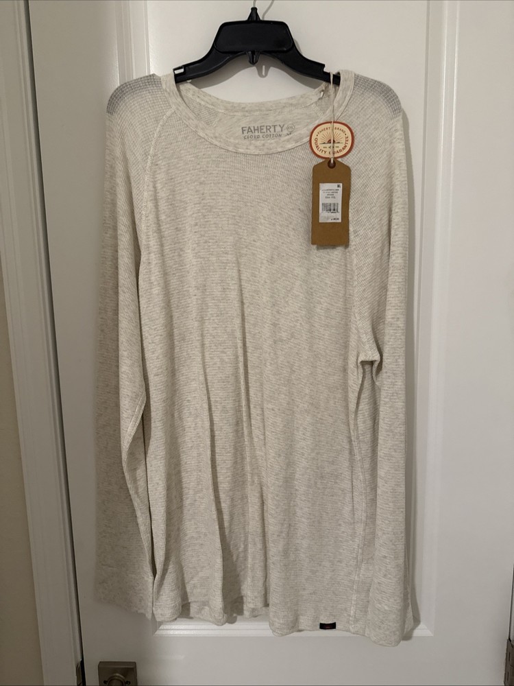 Faherty Men’s Long Sleeve Cloud Waffle Crew, Ivory Heather, XXL