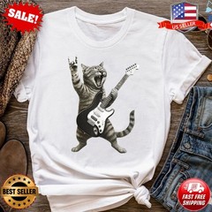 Funny Cat Playing Guitar T-Shirt | Rock Gamer Graphic T-Shirt – Up to 5XL