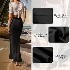 Womens Satin High Waisted Maxi Skirts Hidden Elasticized Waistband A Line 3XL