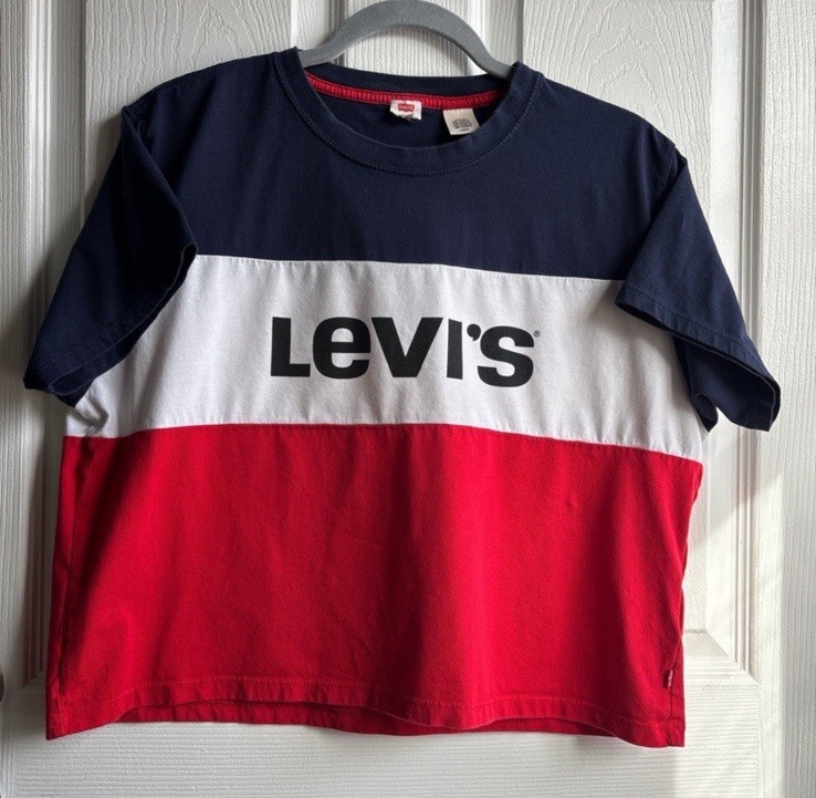 Levi’s Colorblock Logo Crew Neck Crop Top Girl’s Small Navy/White/Red