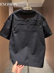 Men High Street Letter Patch Embroidered T-Shirt Rivet Heavy Weight Casual Tee