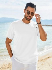 Mens T-Shirts Cotton Short Sleeve White T Shirts Summer Beach UPF 50+ Crew Ne…