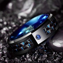 Men’s 8MM Blue Carbon Fiber Black Tungsten Wedding Ring Cubic Zirconia Mens R…