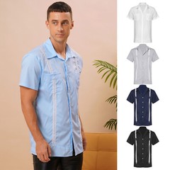 Mens Contrast Color Stripe Shirt Casual Turn-Down Collar Short Sleeve Button Top