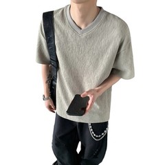 Men’s V Neck Short Sleeve T Shirt Loose Fit Pure Color Texture Casual Top