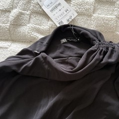Zara Shirt Womens M Black high Neck Short Sleeve Drawstring Stretch NWT