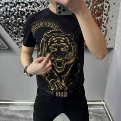 New Fashion Men Trend Tiger Drills Rhinestone Diamond Streetwear Luxury T-Shirt