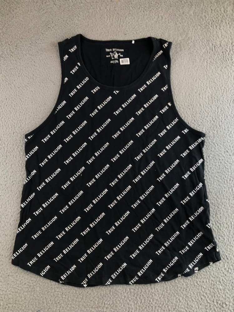 True Religion Shirt Women’s XL Black Sleeveless Round Neck All Over Logo Print