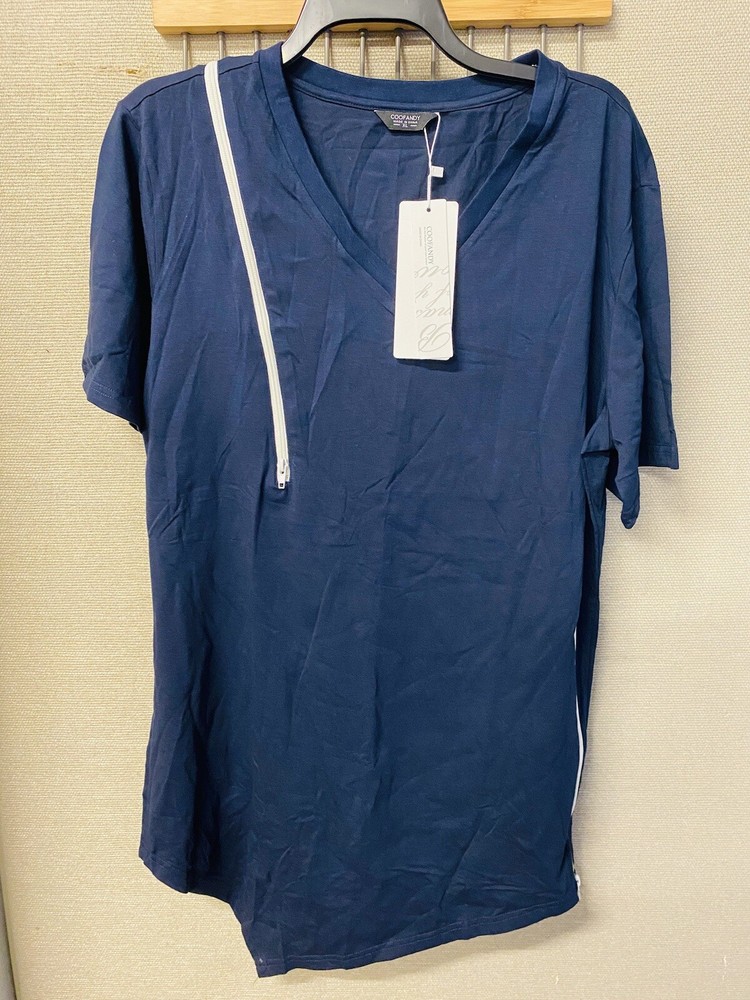 Men’s Coofandy Short Sleeve V-Neck Zipper T-Shirt Navy Blue XL