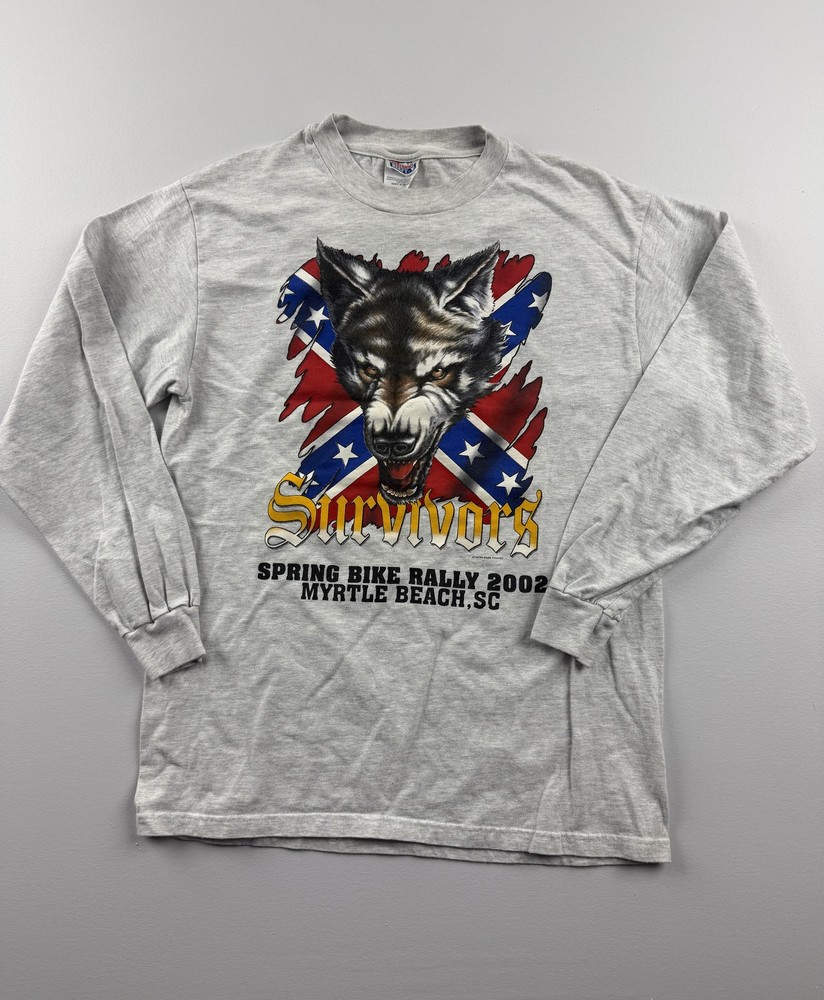 Vintage Hanes Shirt Mens Medium Gray Long Sleeve Wolf Biker Rally 2002 Tee