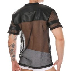 Men’s Short Sleeve Black Mesh Sheer T-shirt Transparent Fishnet Stripe Tee Tops