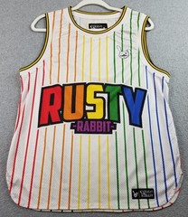 The RUSTY RABBIT Tank Top Mens Medium M Striped Perforated Sheer Jersey Pullover