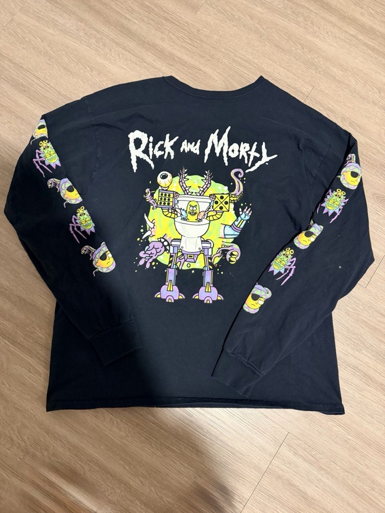 Rick and Morty Hybrid Adult Swim Robot Toilet Black Long Sleeve Graphic Tee M