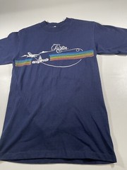 Vtg 70s Austin Velva Sheen Shirt M Fits Smaller Blue Rainbow Graphic Spell Out