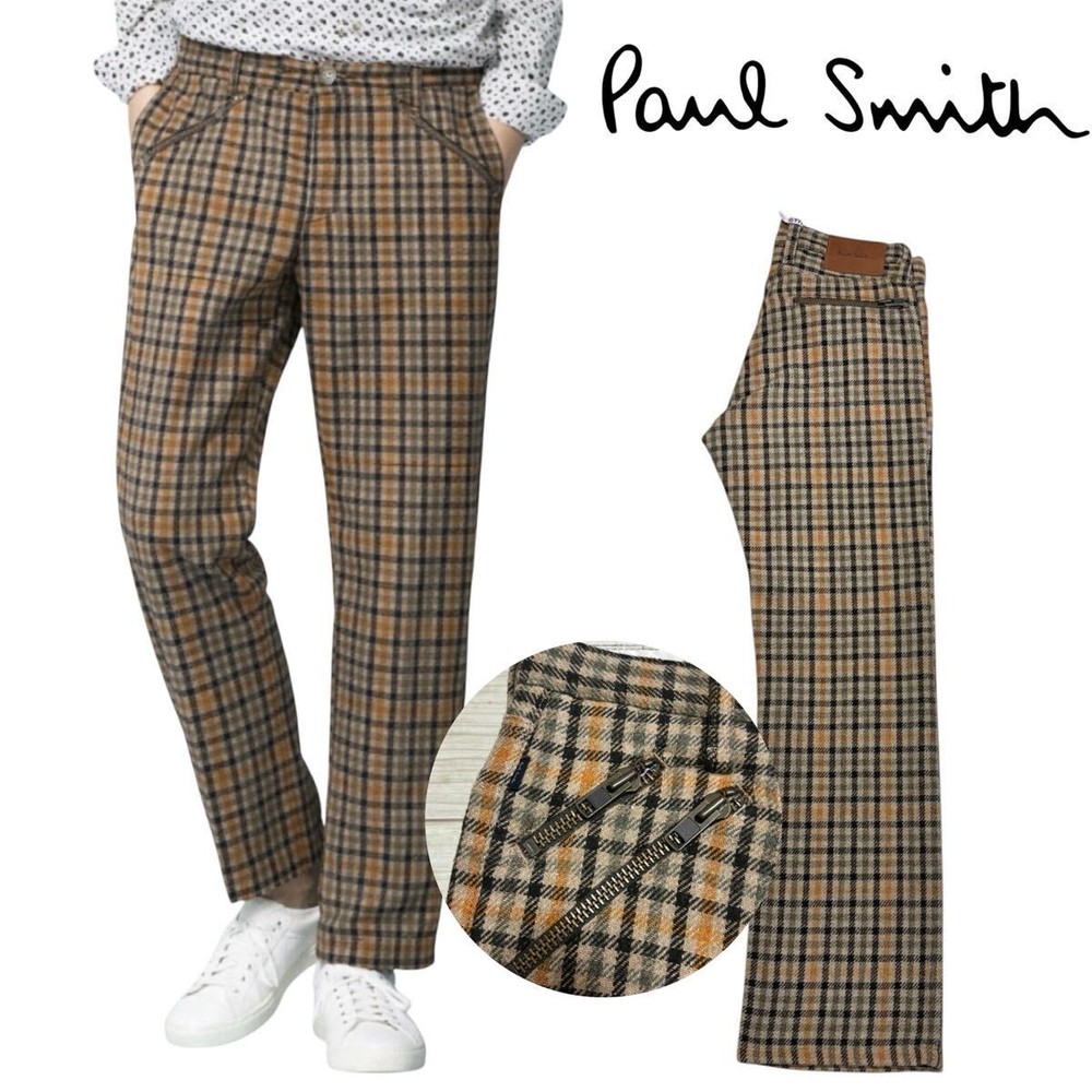 Paul Smith 90s Mixed Check Zipper Wool Pants S Beige Khaki Japan