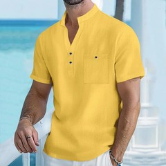 Men’s Cotton Linen Henley Shirt Breathable Summer Casual Fit Tee Tshirt Fun Gift