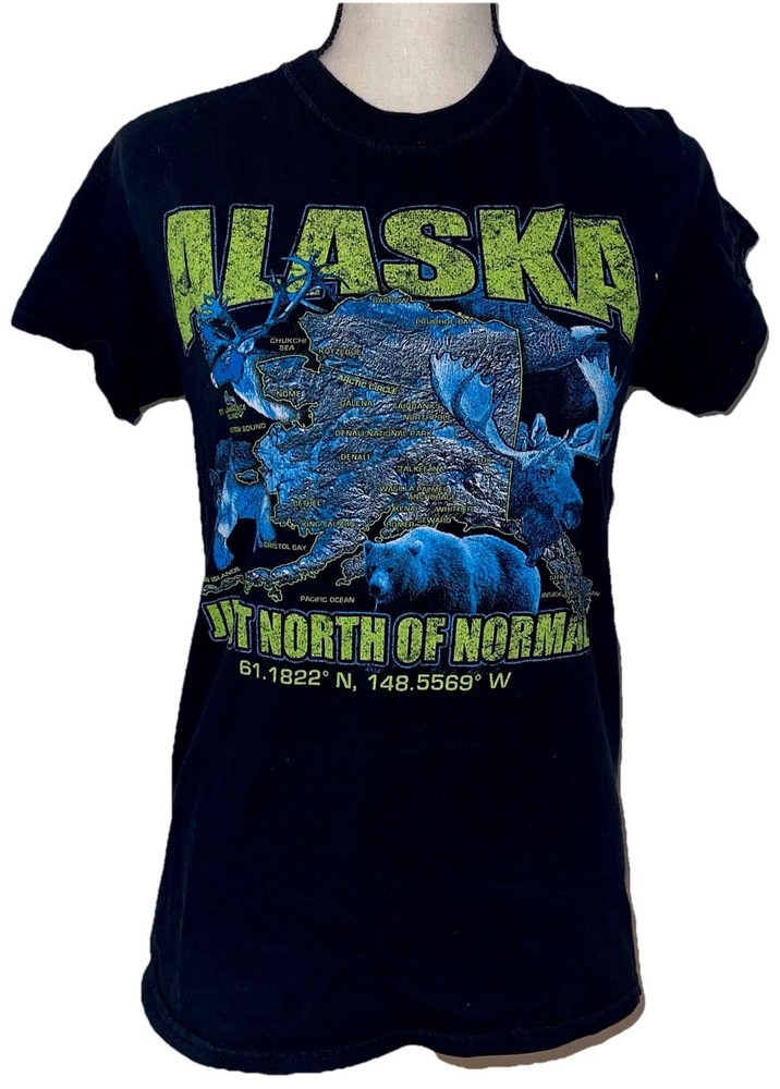 Alaska “Just North of Normal” Small Black T-shirt Bear Wolf Moose