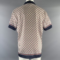 GUCCI Size XL White Navy & Red Monogram Silk Camp Short Sleeve Shirt