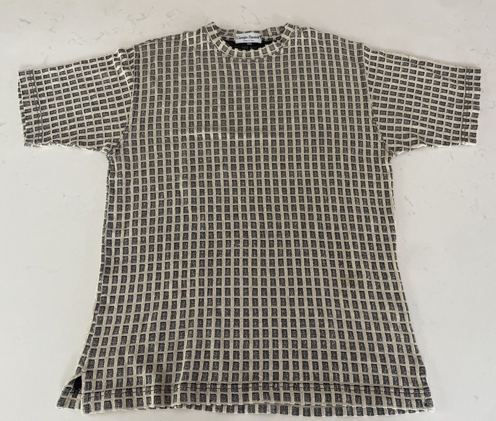 VTG Giorgio Danieli Mens Knit Shirt Small Textured Black Gold Blocks Italy Made