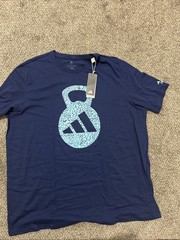 Adidas Shirt Mens 2XL Blue Logo Graphic Tee Weight Training Sports Top Cotton