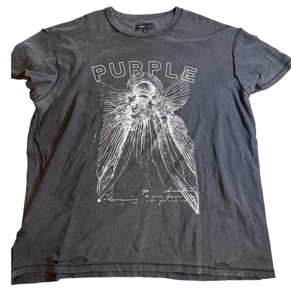 Purple Brand Mens XL Distressed Angel Graphic T-Shirt Faded Black Reverse Seam