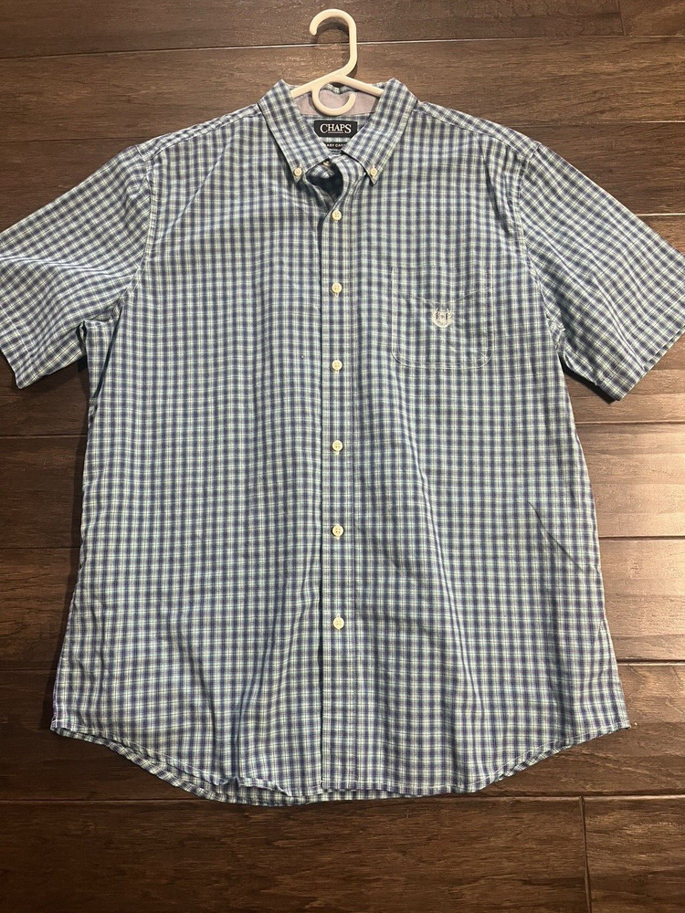 Mens Chaps Aqua Blue Red Navy striped button down shirt top size L easy care