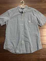Mens Chaps Aqua Blue Red Navy striped button down shirt top size L easy care