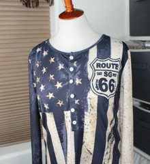 Route 66 Mens Shirt Large Henley Flag USA Blue Brown Button Easy Care