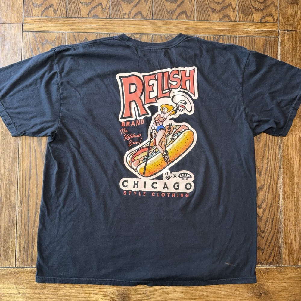 Relish Brand Men’s Black No Ketchup Ever Hotdog Cowgirl T Shirt Chicago 3XL READ