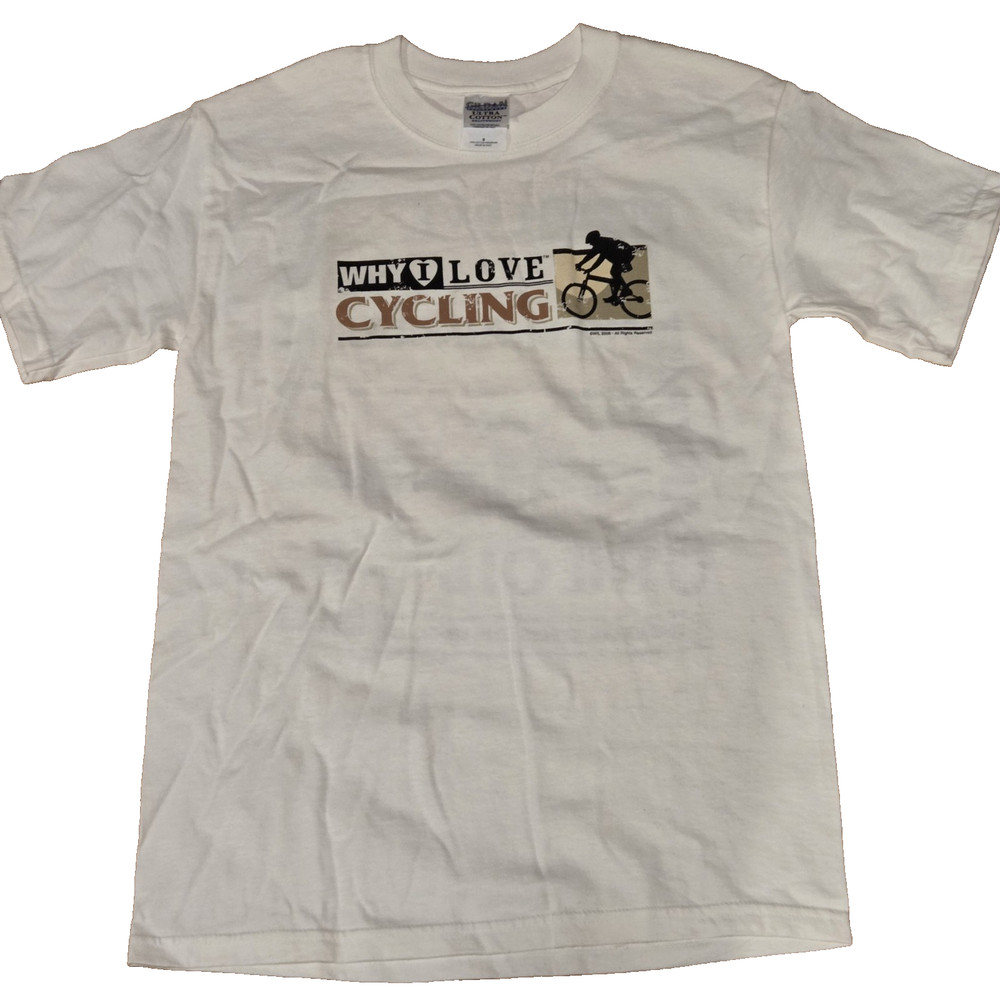 Gildan White T-Shirt Why I Love Cycling Adult Size Small NWOT