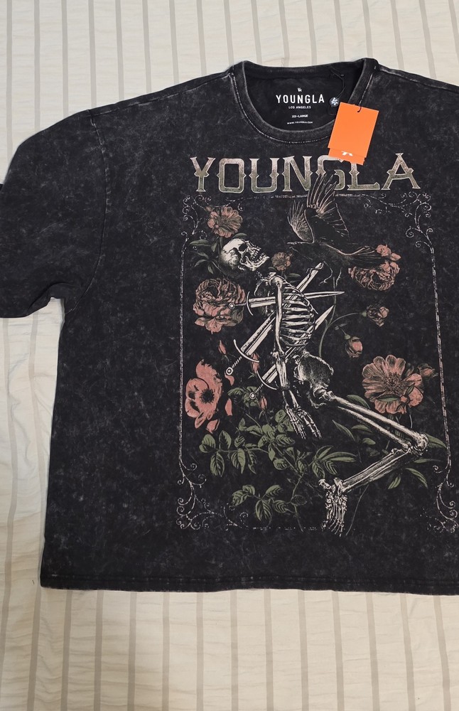 YoungLA 4116 Floral Skull Tee Men’s Medium Black Mineral Wash Skeleton Crow NWT