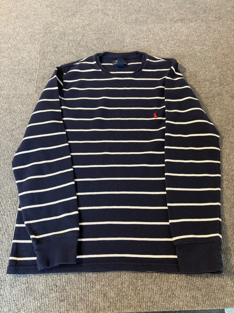 Polo Ralph Lauren Striped Long Sleeve Waffle Knit Shirt Navy Blue Stripe Men L