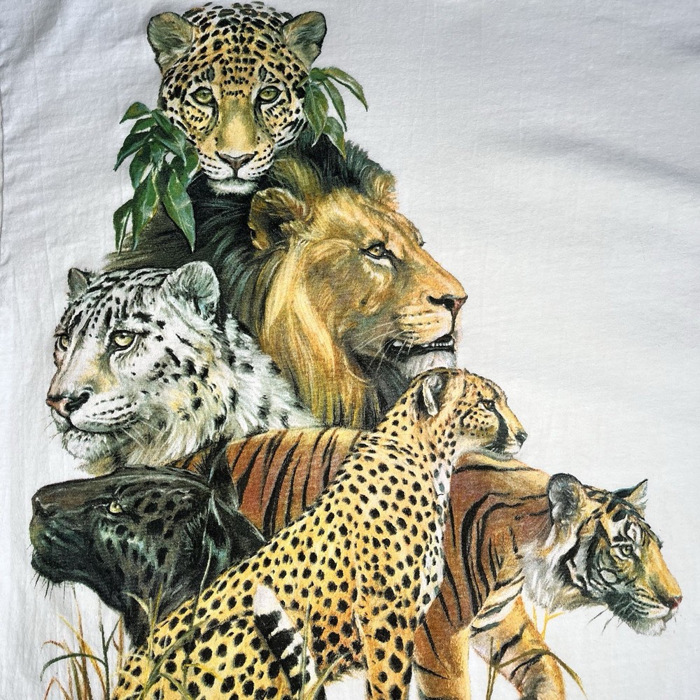 Vintage Safari Big Cats Graphic Tee Hanes USA Single Stitch Lion Tiger Shirt XL