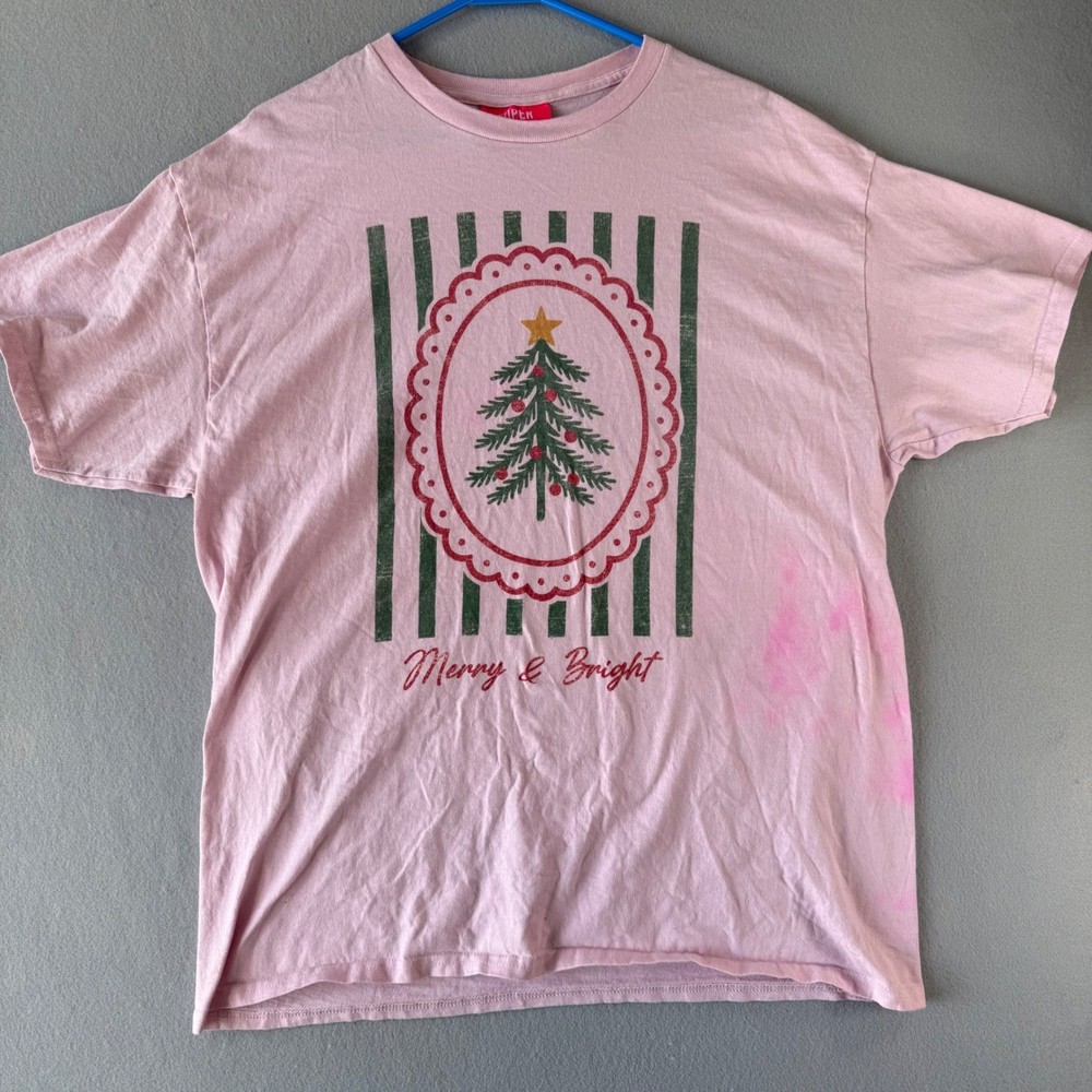 Super Mrkt Merry & Bright Christmas Tree Graphic Tee Pink Unisex Size M/L Fair
