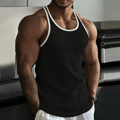 2026 New Men’s Rib Knit Tank Tops Elastic Slim Fit Fitness Gym Vest