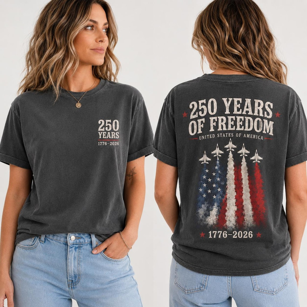 America 250 Shirt Fighter Jet Front Back Print 1776-2026 Patriotic July 4th Tee