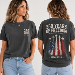 America 250 Shirt Fighter Jet Front Back Print 1776-2026 Patriotic July 4th Tee