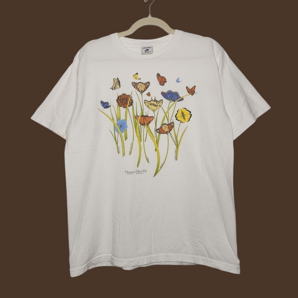Vintage Butterfly Nature Art Flowers Garden 90s Organic Cotton Medium