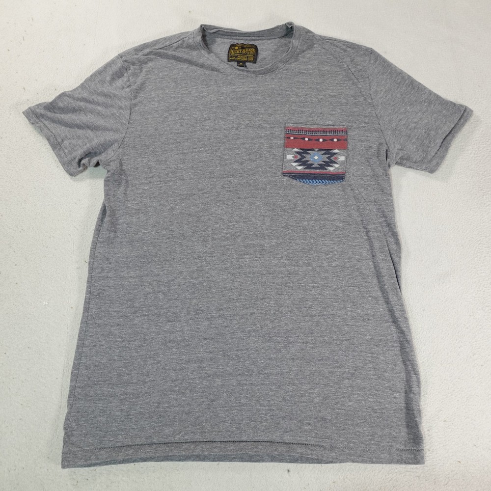 Lucky Brand Shirt Mens Medium Gray Aztec Pocket Tee Geometric Pattern Casual