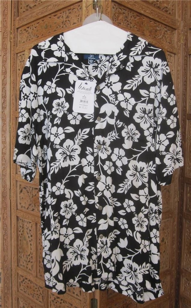 Men’s Awesome Black & White Hibiscus Aloha Hawaiian Shirt NWT Sz Large George