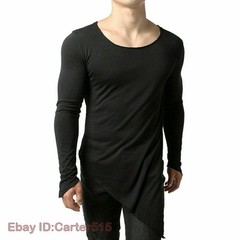 Mens Asymmetric Slit Hem Summer T-shirt Top Tee Long Sleeve Pullover Shirt Hot