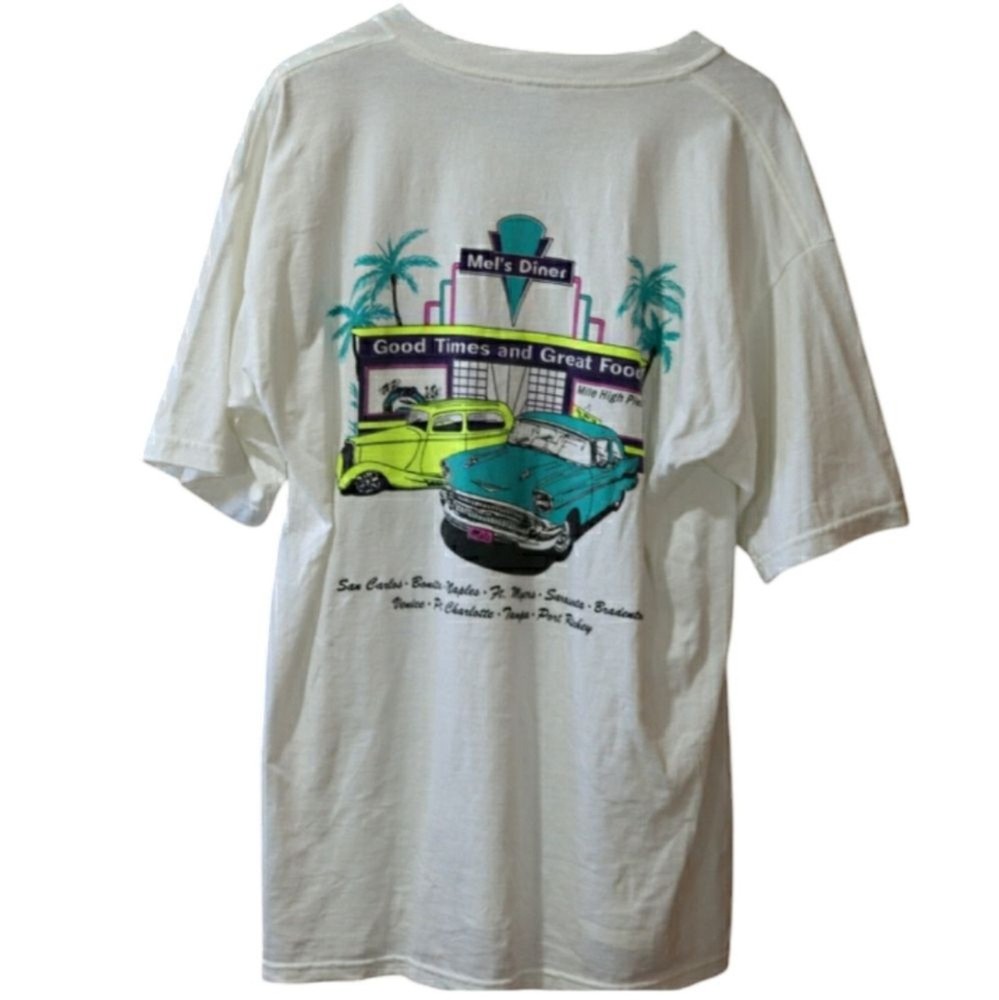 Gildan Vintage Mel’s Diner White T-shirt Back Graphic Old Classic Cars LG