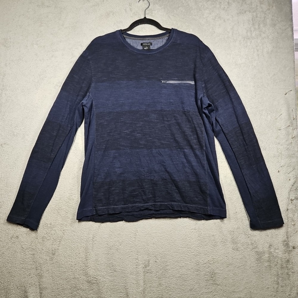 Calvin Klein Zipper Pocket Long Slv Shirt Dark Blue Black Marled Striped Sz L