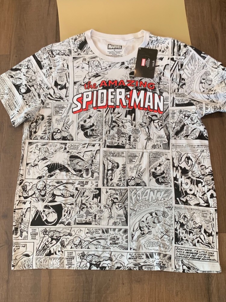 NWT Men’s XL Spider-man Vintage Look Shirt Comic Pages Panels Marvel Black White