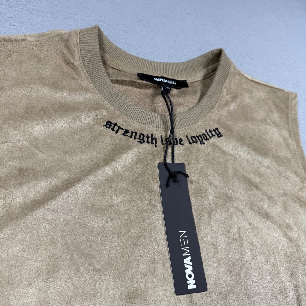 Fashion Nova Men Studded Cross Faux Suede Tee Stone Tan Sleeveless Shirt Large