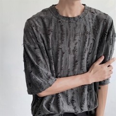Men Retro Thin Short Sleeve Shirt Ripped Hollow Blouse American Style Tops Soft