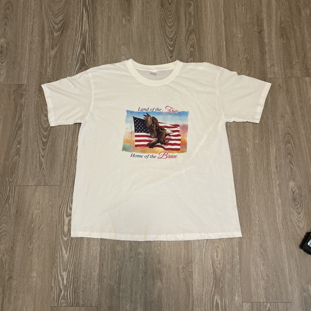 LARGE Land of the Free Home of the Brave USA American Flag Eagle TeeShirt Cotton