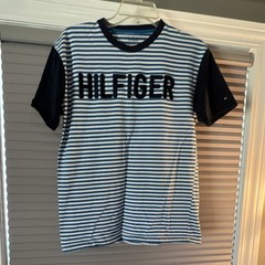 Vintage Tommy Hilfiger XL Blue/White Striped Logo Crew Neck Cotton T-Shirt