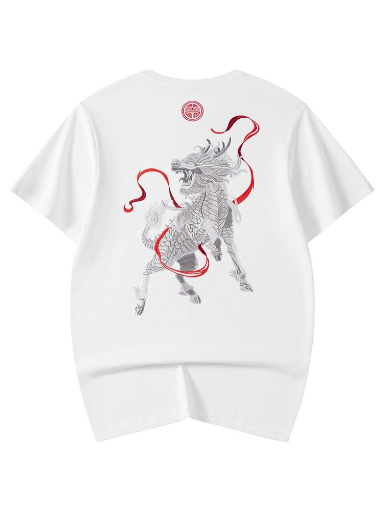 Niepce Men’s Raging Kirin Embroidery Graphic Tee Japanese Streetwear T-Shirt